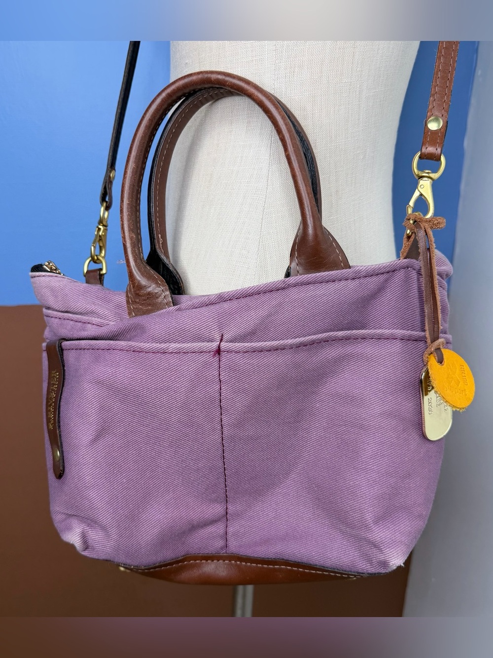 R. RIVETER (American
Handmade) "The Otto" Purple Canvas/ Brown Leather Tote Bag